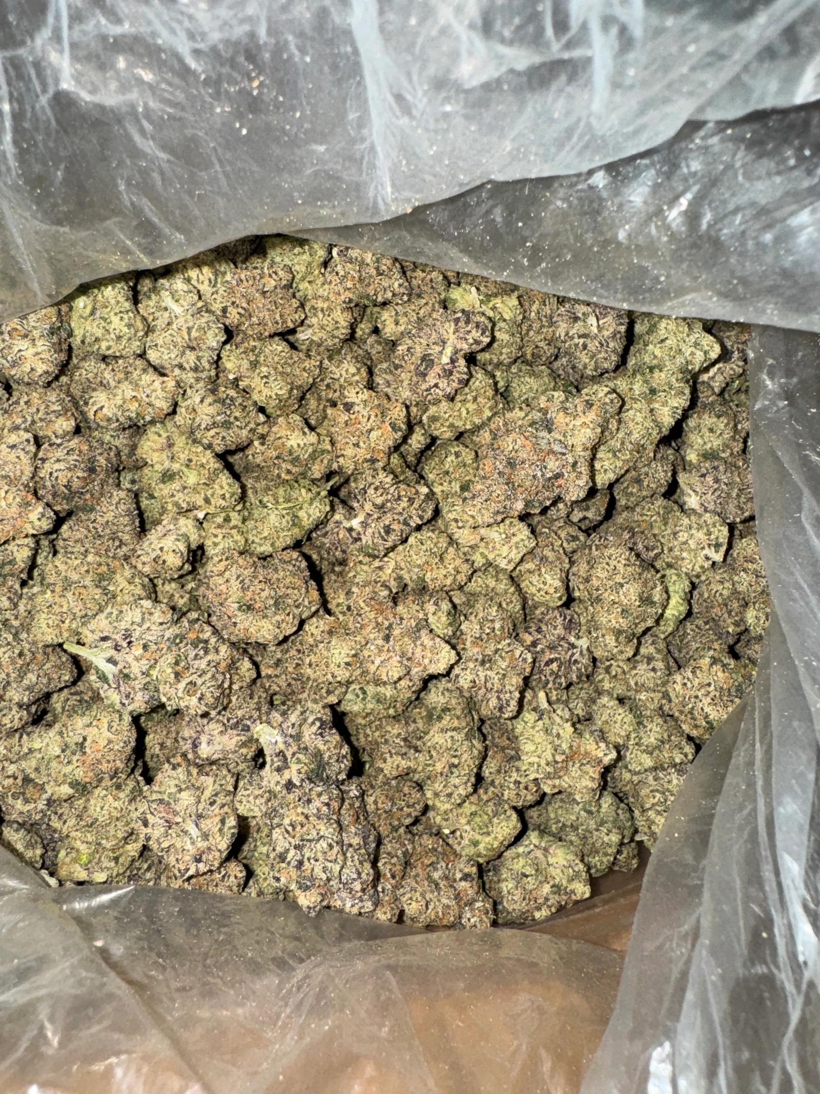 Overhead view of a batch of flower buds with frosted surfaces in an open bag