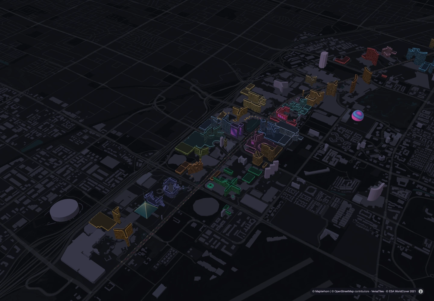 A view across mapped Las Vegas buildings