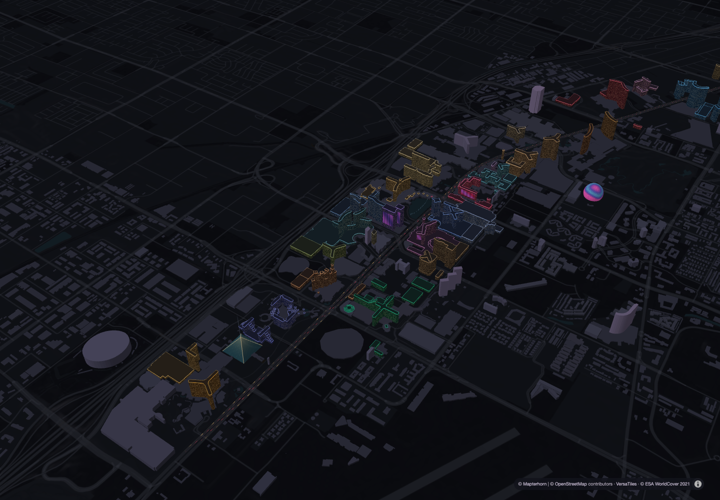 A view across mapped Las Vegas buildings